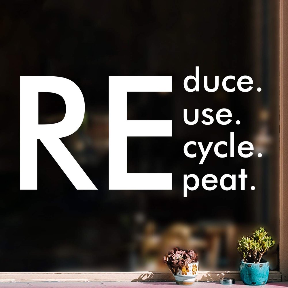 Vinyl Wall Art Decal - Reduce Reuse Recycle Repeat - 13.5" x 25" - Modern Motivational Recycling Quote Sticker for Home School Glass Classroom Work Office Store Shopfront Window Decor (White)