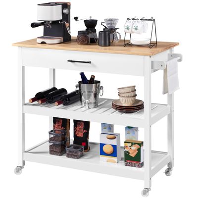Topeakmart Kitchen Island Cart on Wheels, Rolling Microwave Cart with Storage Drawer Towel Rack 2 Shelves Natural Wood Countertop, White