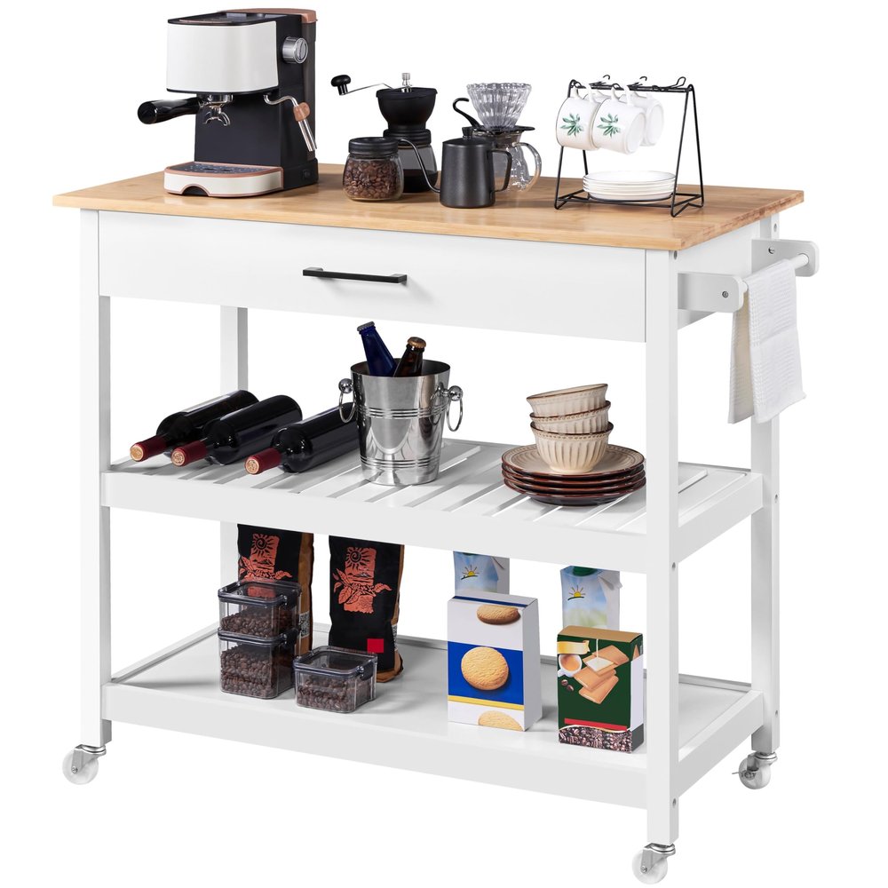 Topeakmart Kitchen Island Cart on Wheels, Rolling Microwave Cart with Storage Drawer Towel Rack 2 Shelves Natural Wood Countertop, White