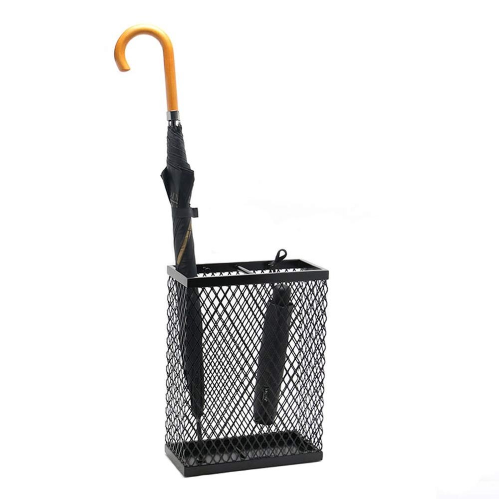 Umbrella Racks WXYZ Rectangular Hollow Umbrella Stand, Home Hotel Office Umbrella Drain Stand with 2 Hooks, Multifunctional Iron Paper Basket 30x13x40cm Black White Gold (Color : Black)