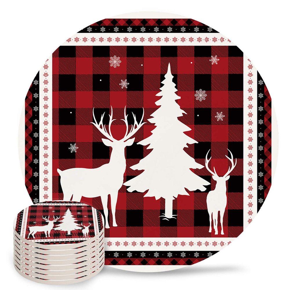8-Piece Set Ceramic Coasters for Drinks,Christmas Tree Elk Snowflakes Buffalo Red Black Plaid Unique Absorbent Round Ceramics Cork Backed Cup Mat for Home/Housewarming Gift