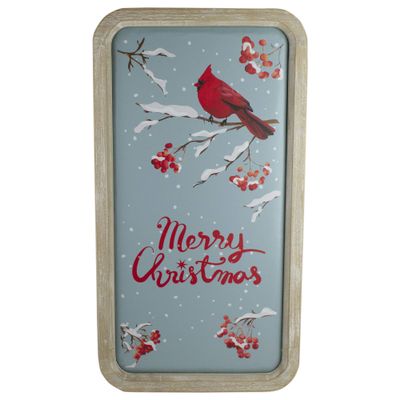 25.5" Wood Framed Blue and Red Merry Christmas Wall Decor with Red Cardinal