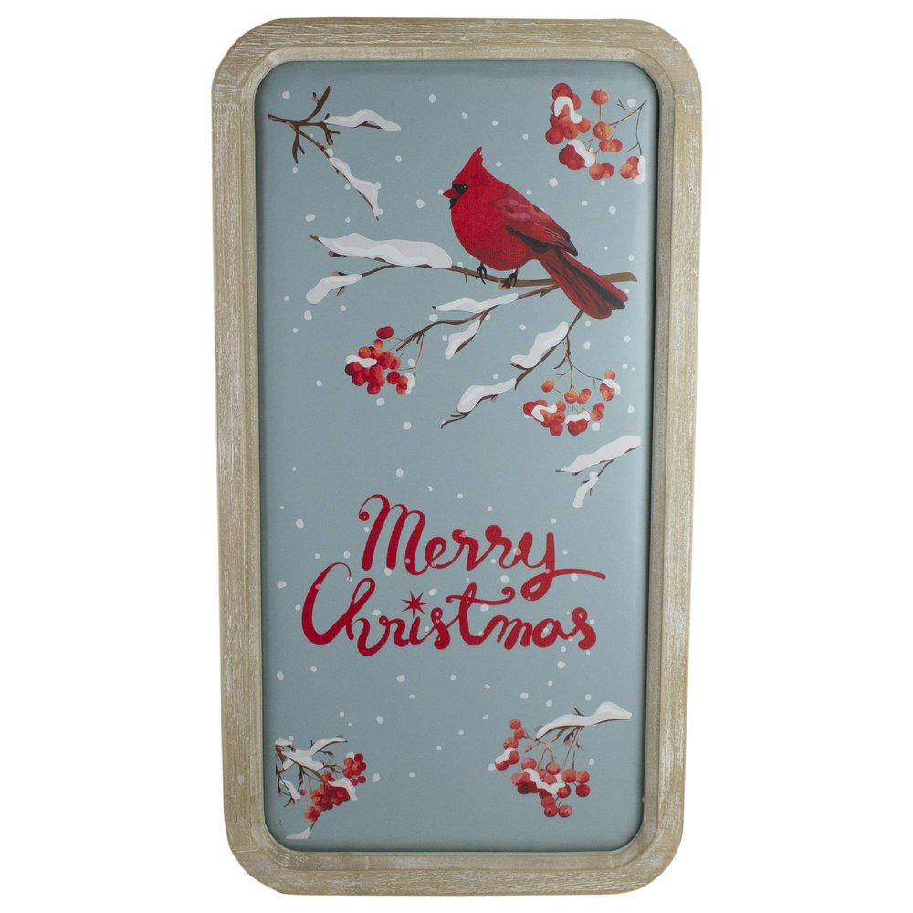 25.5" Wood Framed Blue and Red Merry Christmas Wall Decor with Red Cardinal