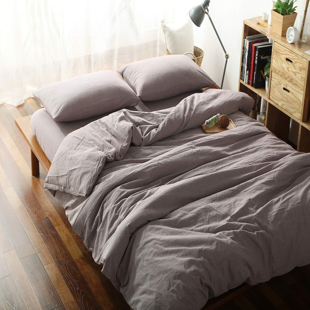F.Y.Dreams 100% Washed Cotton Duvet Cover for Weighted Blanket 80x87 inches with 16 Ties, Zipper on Long Side/Purple Bean Paste/Just Duvet Cover