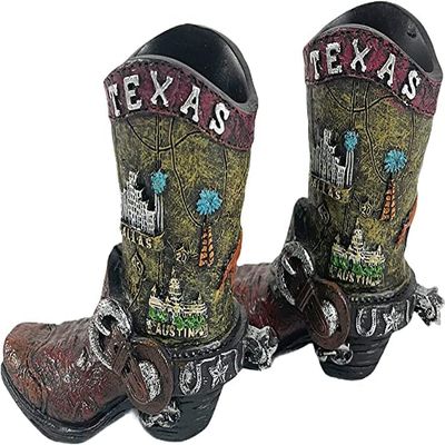 Texas Mini Boot Pen/Pencil Holder, Vase With Texas Attractions And Major Cities Printed Rustic Boot With Horseshoes Star Printed 2 Pc Pack