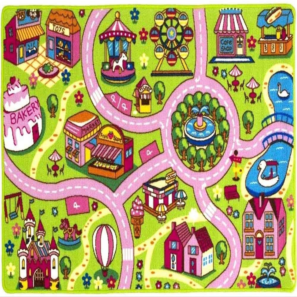 Champion Rugs Girls City Map Educational Learning & Game Play Mat Area Rug Carpet for Kids and Children Bedrooms and Playroom (8 Feet X 10 Feet)