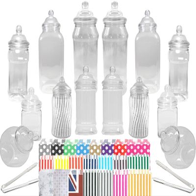 14 Plastic Sweet Jars, 7 Styles, 2 Tongs and 50 Bags. Ideal for Party, Wedding, Sweet Table, Candy Buffet (Silver Grey Candy Stripe Bags)