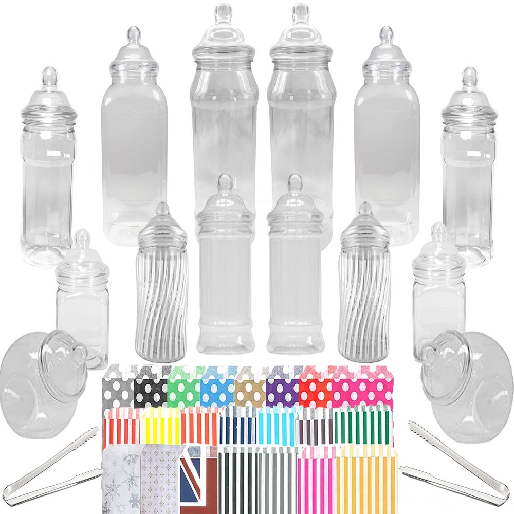 14 Plastic Sweet Jars, 7 Styles, 2 Tongs and 50 Bags. Ideal for Party, Wedding, Sweet Table, Candy Buffet (Silver Grey Candy Stripe Bags)