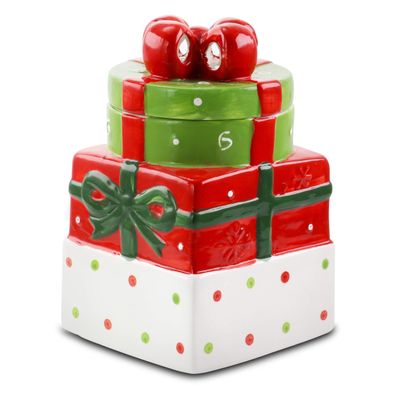 UKN Christmas Estate 7.5 Inch Gift Box Holiday Cookie Jar Multi Color Banded Stoneware