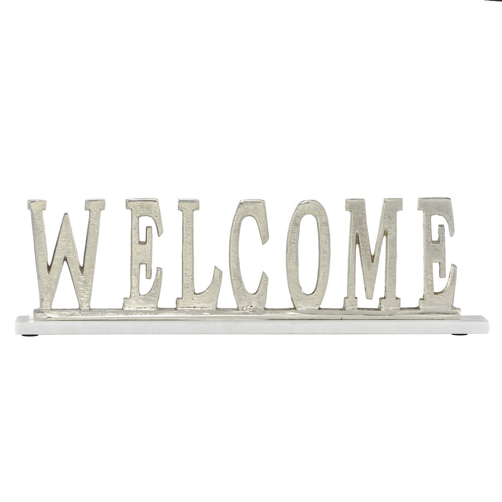 UKN Rectangular Silver Welcome Sign On Light Marble Base 21" X 6" 21 X 2 6 Traditional