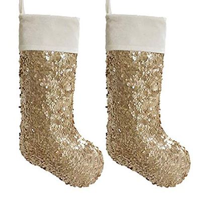 Gireshome Set of 2PCS Gold Sequin Blingbling Glitter with White Velvet Cuff Christmas Stocking Xmas Tree Decor Festival Party Ornament 10"x18"