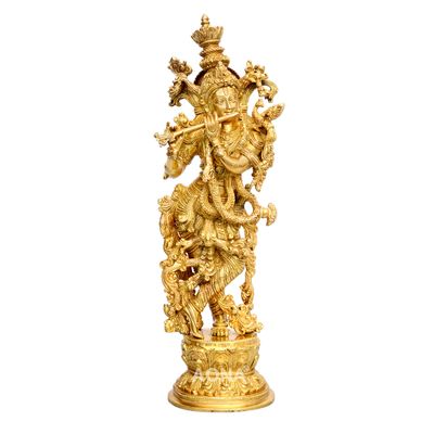 AONA Lord Murli Manohar Krishna Krishan Brass Statue Murti Gift & Home Dcor Big Size- Height 15 Inches