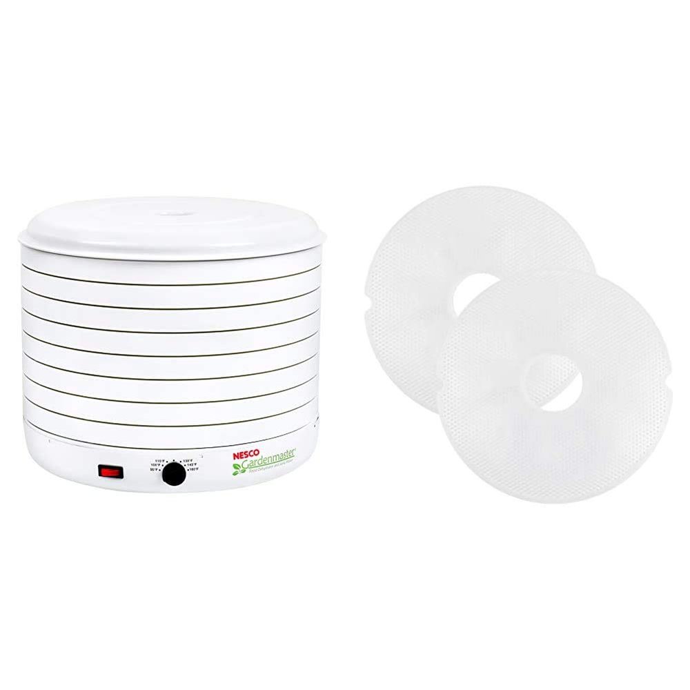 Nesco FD-1018A Gardenmaster Pro Food Dehydrator, for Jerky and Snacks, White & NESCO LM-2-6 Round Plastic Mesh 13 1/2" Clean-A-Screens, for Dehydrators, 2 Pack