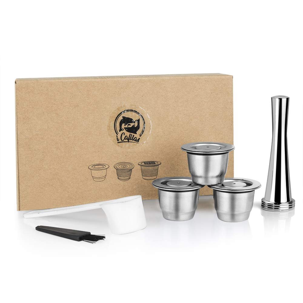 i Cafilas Reusable Coffee Pods Compatible with Nespresso Original Line, Stainless Steel Refillable Espresso Capsules with Tamper, Dishwasher Safe Metal Cups (3 Pods + 1 Tamper)