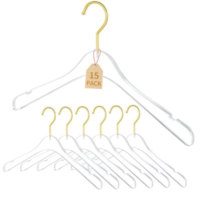15 Pack Premium Quality Clear Acrylic Clothes Hangers - Clear & Gold Finish