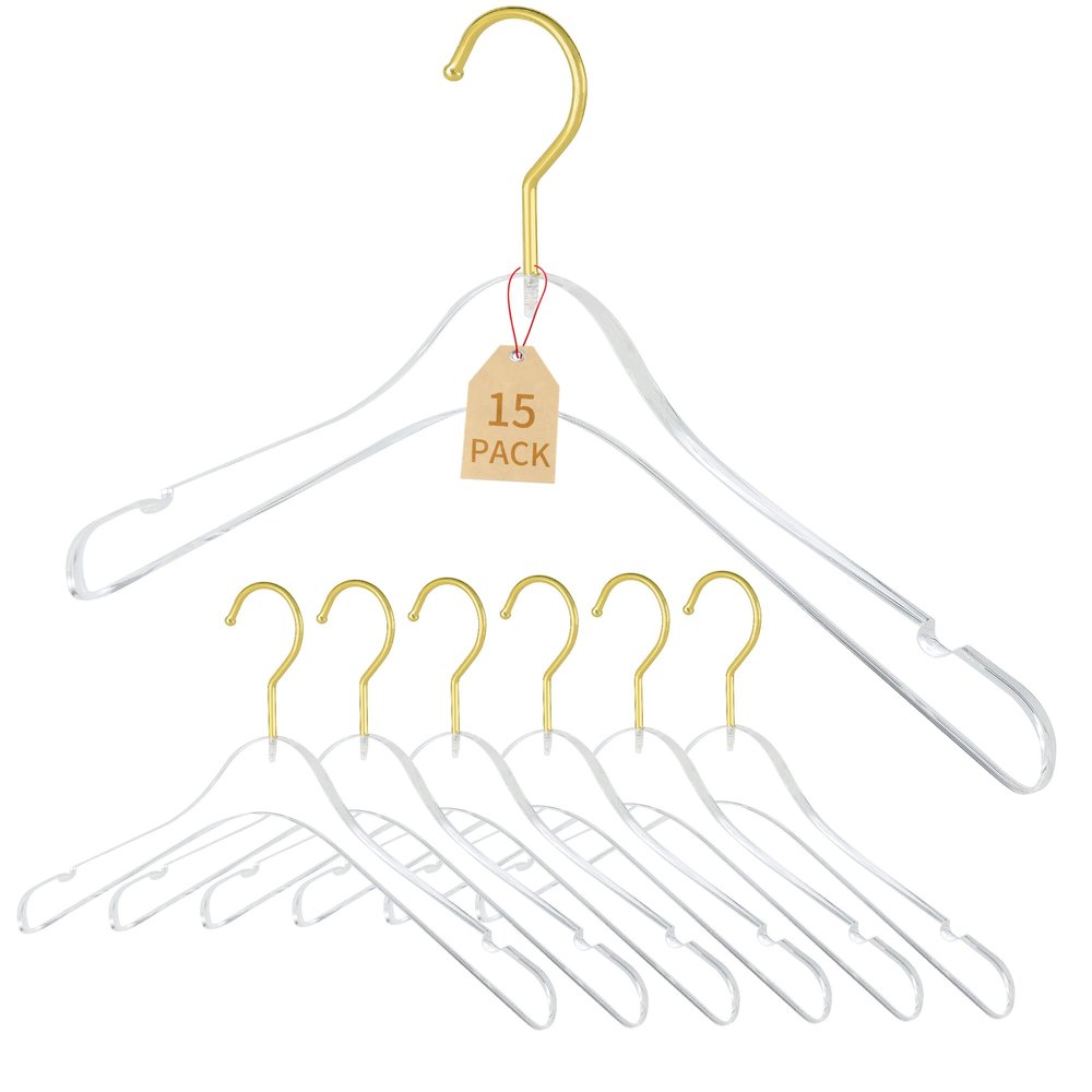 15 Pack Premium Quality Clear Acrylic Clothes Hangers - Clear & Gold Finish