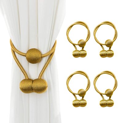 RISHNEG Magnetic Curtain Holdbacks, 25 Inch Decorative Curtain Tiebacks for Drapes, Convenient Window Curtain Drape Tie Backs Holdback Holder for Sheer Blackout Window Treatment (4 Pack, Gold)