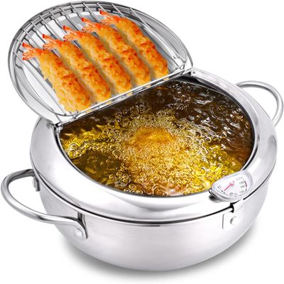 cuomaop Deep Fryer Pot, 304 Stainless Steel Japanese Frying Pot with Oil Drain, Temperature Control and Lid, Tempura Deep Fryer Pot for Kitchen Stove/Induction Cooker French Fries Fryer Chicken 9.4"