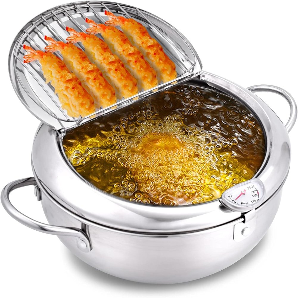 cuomaop Deep Fryer Pot, 304 Stainless Steel Japanese Frying Pot with Oil Drain, Temperature Control and Lid, Tempura Deep Fryer Pot for Kitchen Stove/Induction Cooker French Fries Fryer Chicken 9.4"