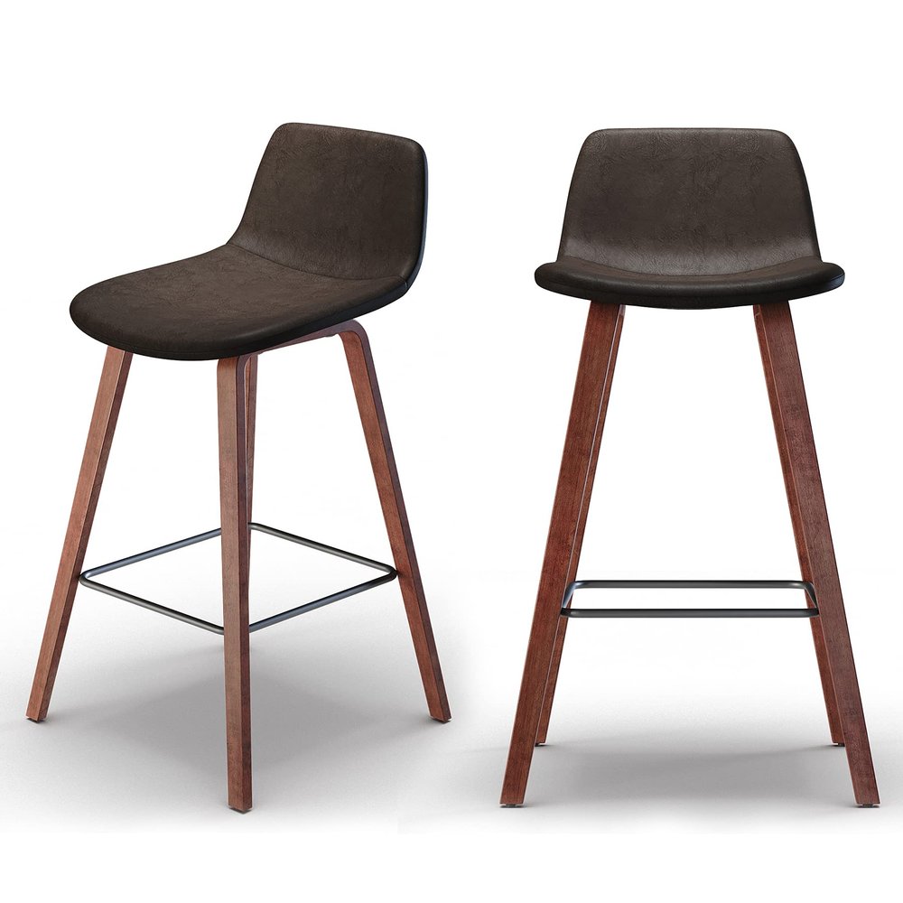 SIMPLIHOME Addy Mid Century Modern 26 Inch Counter Stool (Set of 2) in Distressed Brown Vegan Faux Leather, For the Dining Room and Kitchen