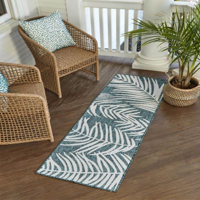 Unique Loom Outdoor Botanical Collection Area Rug - Palm (2' x 6' 1" Runner, Teal/ Ivory)