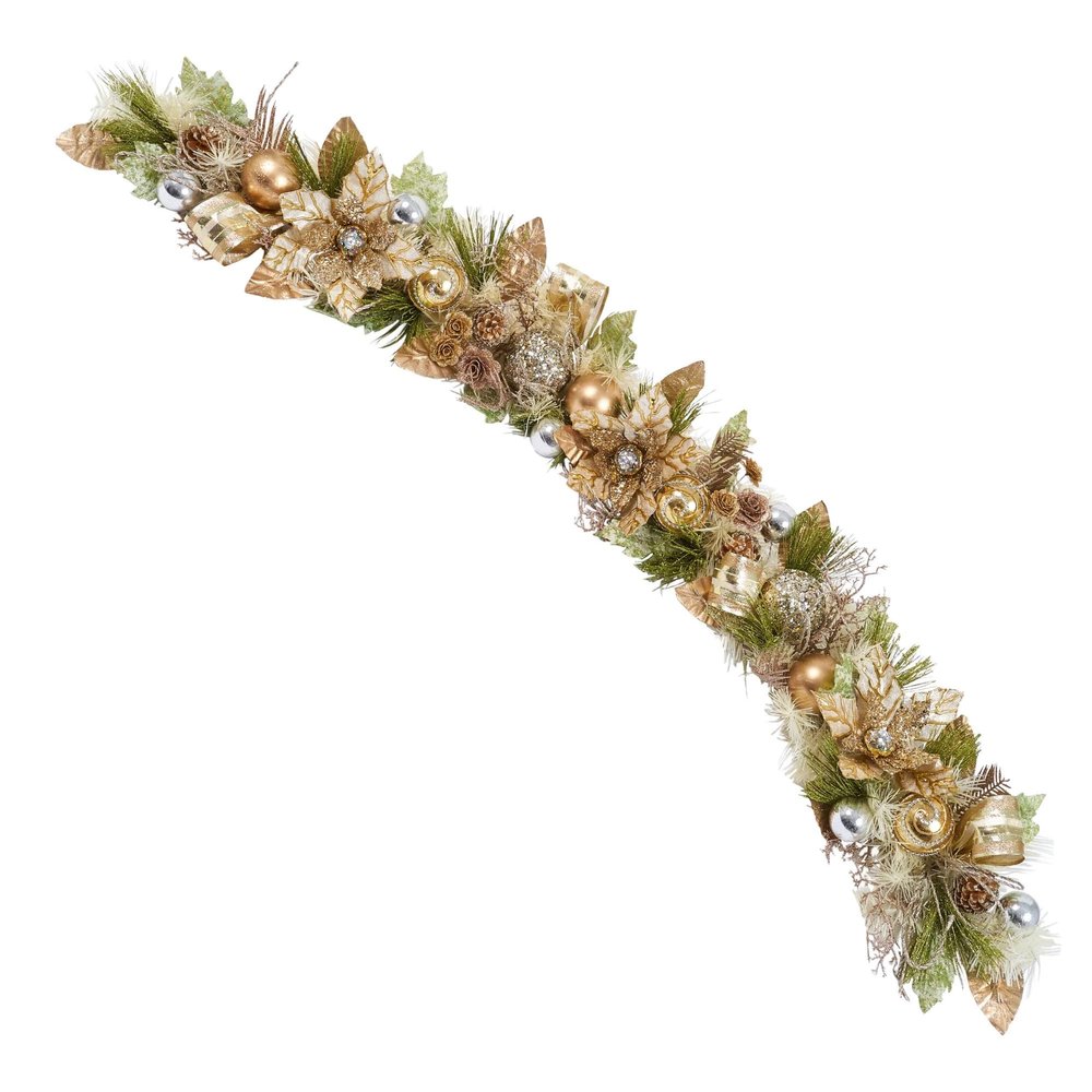 5 ft Christmas Garland for Mantle Unlit Garland for Stairs Railing, Banister, Staircase, Fireplace, for Table No Light, Garland Decor Frosted Red Poinsettia Holiday Tree (Glittery Champagne Gold)