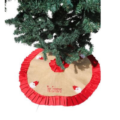 Personalized Burlap Christmas Tree Skirt with Crocheted Santa, 25'' to 64'' Red Velvet Ruffled Santa Under Tree Mat, Nordic Christmas Tree Decor