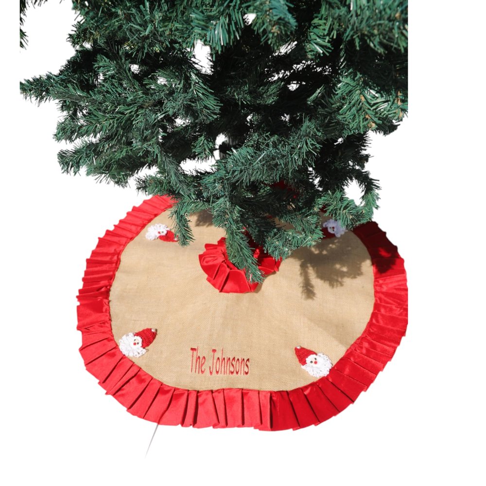 Personalized Burlap Christmas Tree Skirt with Crocheted Santa, 25'' to 64'' Red Velvet Ruffled Santa Under Tree Mat, Nordic Christmas Tree Decor
