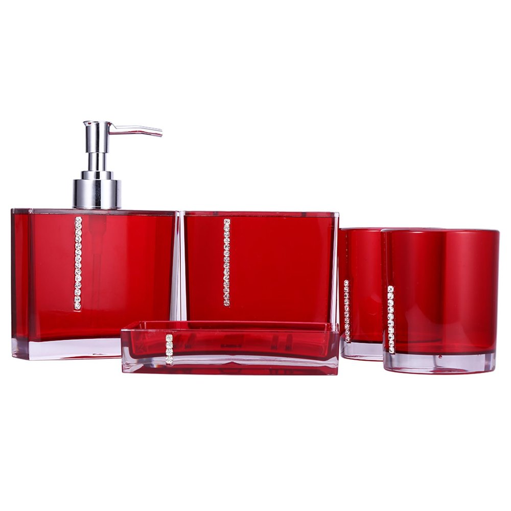 5 Pcs Bathroom Accessories, Red Bathroom Accessories Bath Accessory Set Ensemble Kit Acrylic Bathroom Set, Toilet Brush and Lder Set with 2 Cups Toothbrush Holder Dish Dispenser Red Bathroom