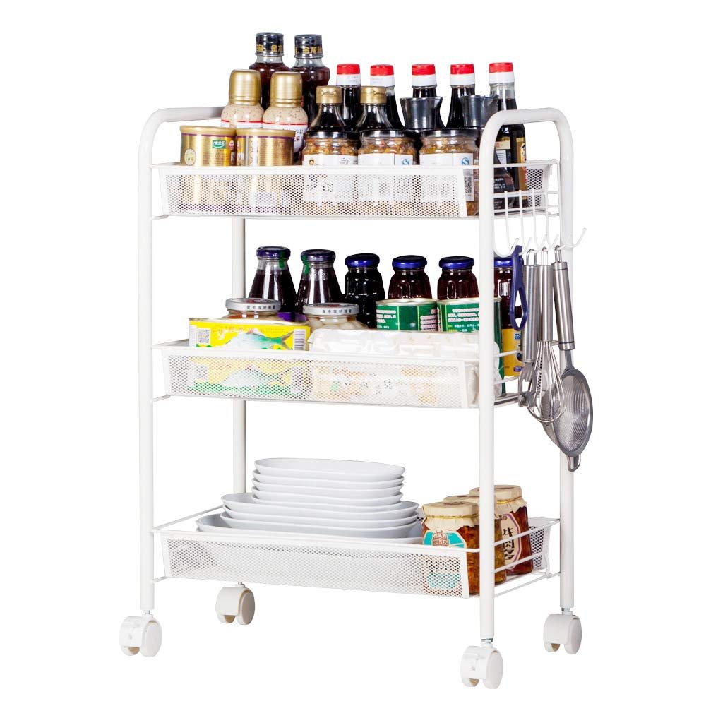 WINSIMO Exquisite Honeycomb Net 3 Tiers Storage Cart with Hook Ivory White Convenient and Neat for livingroom,Bedroom,Kitchen,Bathroom