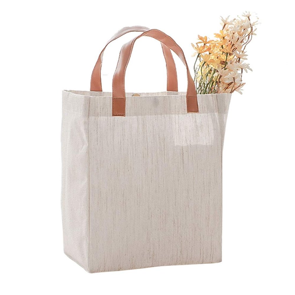 IHOMEIS Reusable Tote Bags with PU Leather handles- Burlap Tote Bags Jute & Cotton Blend, Natural White