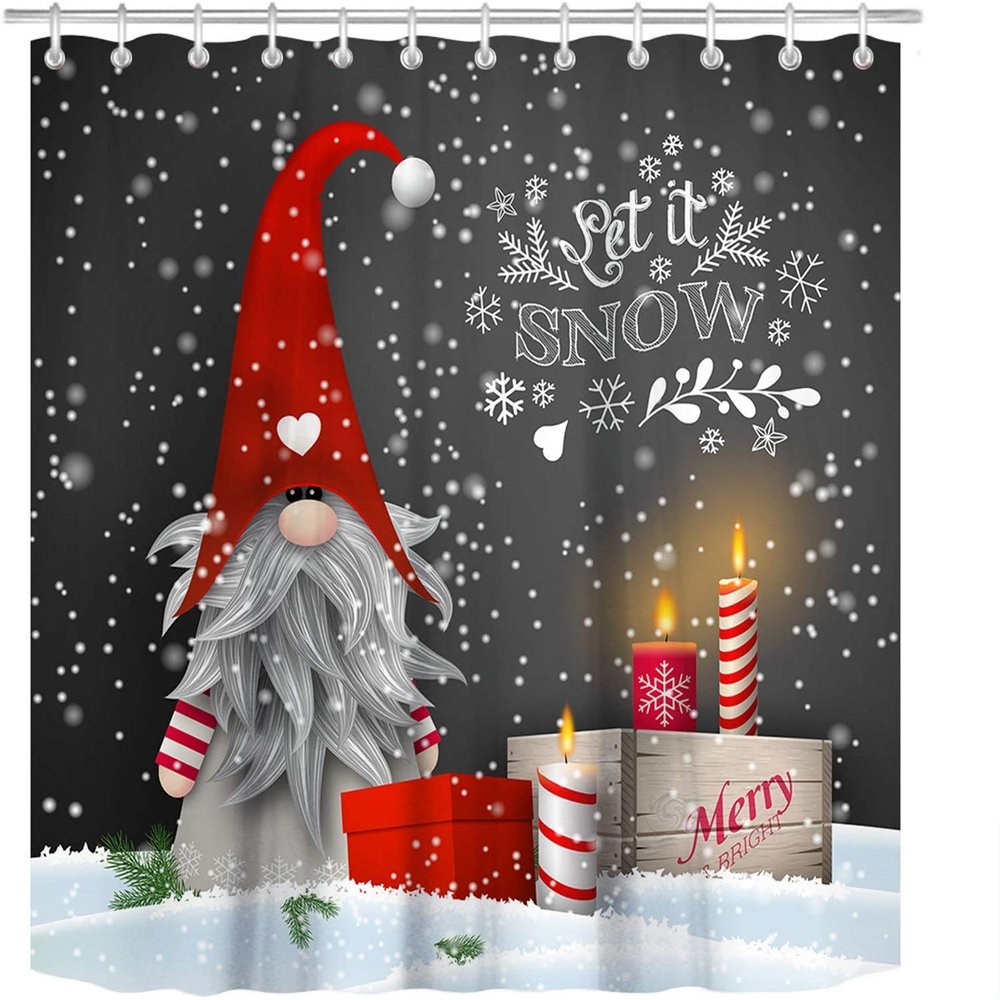 FJTP Gnome Shower Curtains for Bathroom, Lovely Cute Sprite Christmas Gnome Let it Snow Fabric Shower Curtain, Winter Xmas Holiday Bathroom Curtain Set with Hooks Included Color A1,72 by 72 inches