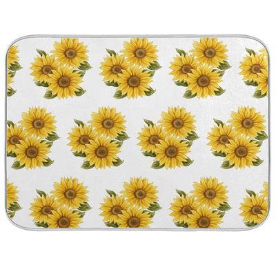 Absorbent Dish Drying Mat for Kitchen Counter - Yellow Sunflower Microfiber Drying Pad, Reversible Drainer Mats for Countertop, Large 18 x 24 inch