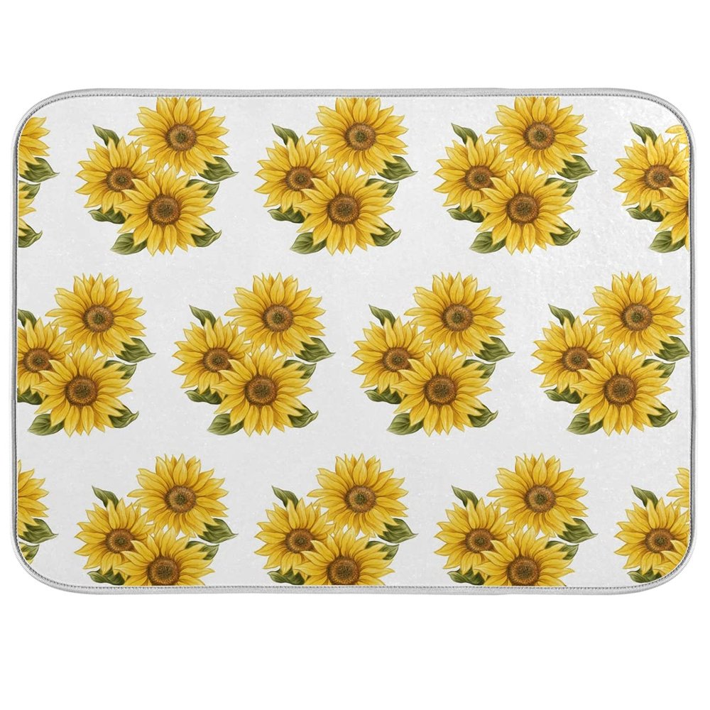 Absorbent Dish Drying Mat for Kitchen Counter - Yellow Sunflower Microfiber Drying Pad, Reversible Drainer Mats for Countertop, Large 18 x 24 inch