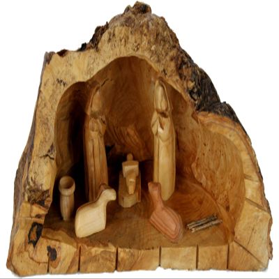 Holy Land Market Inspirational Bethlehem Olive Wood Nativity Scene - Unique Nativity Set Indoor with Hand-Carved Rustic Log Stable, Wooden Nativity Set, 5-8 Inches