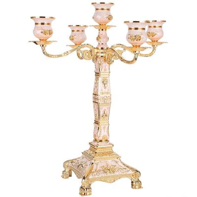 17 Inch Vintage Candle Holder, Gold Luxury Embossed Candelabra with Rhinestone for Home Dinner Table Decoration Wedding Ornament