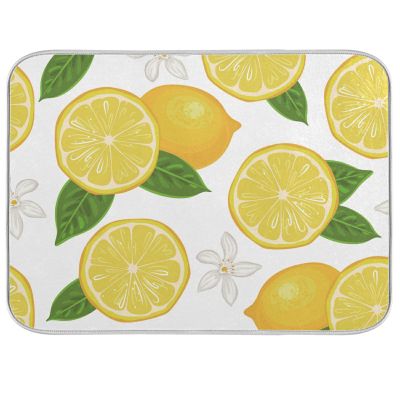 Absorbent Dish Drying Mat for Kitchen Counter - Yellow Lemon and Half Lemon Microfiber Drying Pad, Reversible Drainer Mats for Countertop, Large 18 x 24 inch