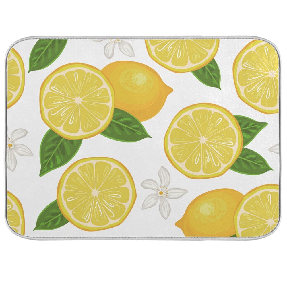 Absorbent Dish Drying Mat for Kitchen Counter - Yellow Lemon and Half Lemon Microfiber Drying Pad, Reversible Drainer Mats for Countertop, Large 18 x 24 inch