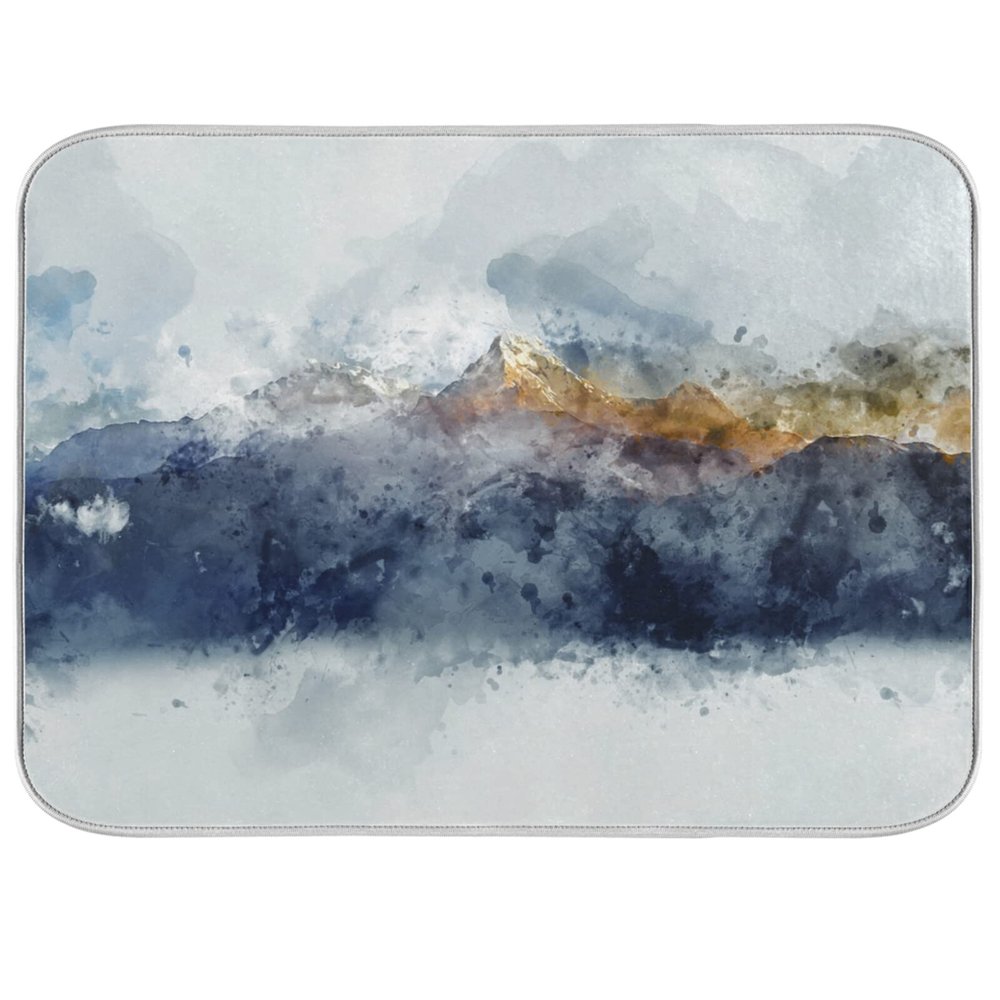 Absorbent Dish Drying Mat for Kitchen Counter - Black Watercolor Mountain Peak Microfiber Drying Pad, Reversible Drainer Mats for Countertop, Large 18 x 24 inch