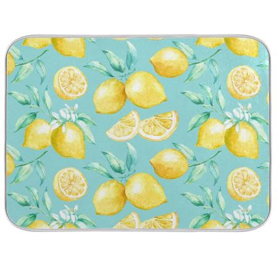 Absorbent Dish Drying Mat for Kitchen Counter - Yellow lemon teal background Microfiber Drying Pad, Reversible Drainer Mats for Countertop, Medium 16 x 18 inch
