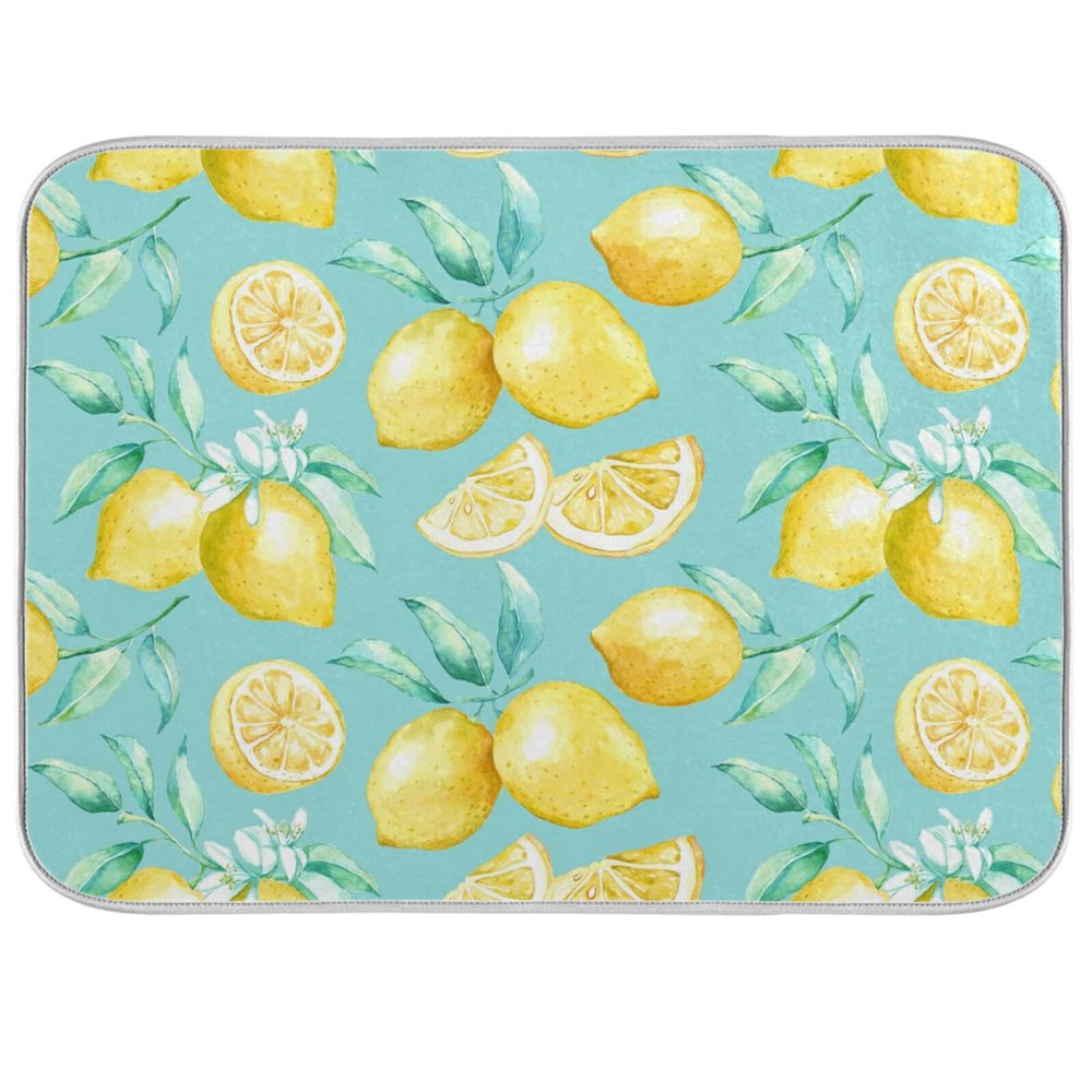 Absorbent Dish Drying Mat for Kitchen Counter - Yellow lemon teal background Microfiber Drying Pad, Reversible Drainer Mats for Countertop, Medium 16 x 18 inch