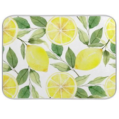 Absorbent Dish Drying Mat for Kitchen Counter - Yellow Lemon and Half Lemon Microfiber Drying Pad, Reversible Drainer Mats for Countertop, Large 18 x 24 inch