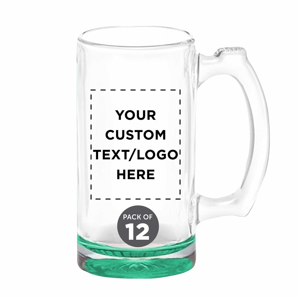 12 Libbey Beer Mugs Set, 12 oz. - Customizable Text, Logo - Groomsmen Glassware - Green