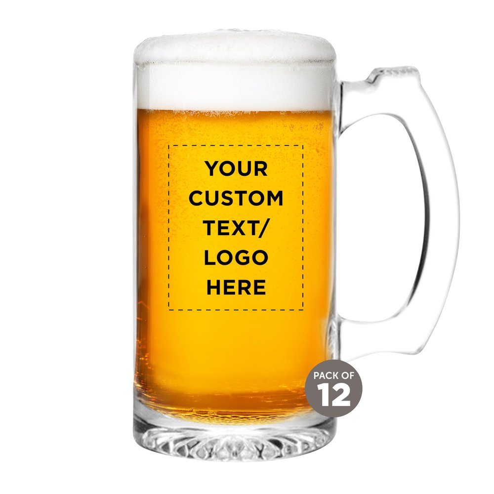 12 Libbey Beer Mugs Set, 12 oz. - Customizable Text, Logo - Groomsmen Glassware - Clear