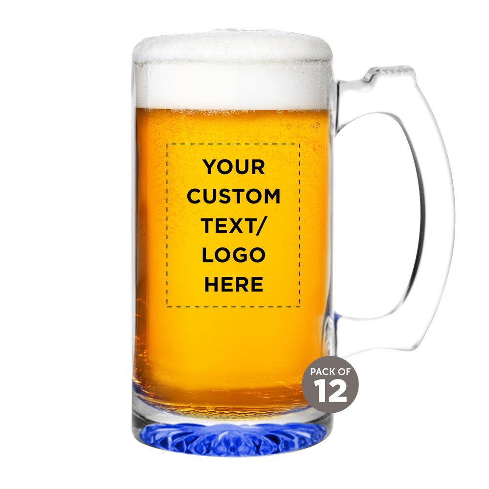 12 Libbey Beer Mugs Set, 12 oz. - Customizable Text, Logo - Groomsmen Glassware - Blue