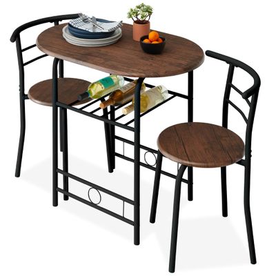 Best Choice Products 3-Piece Wooden Round Table & Chair Set for Kitchen, Dining Room, Compact Space w/Steel Frame, Built-in Wine Rack - Black/Brown