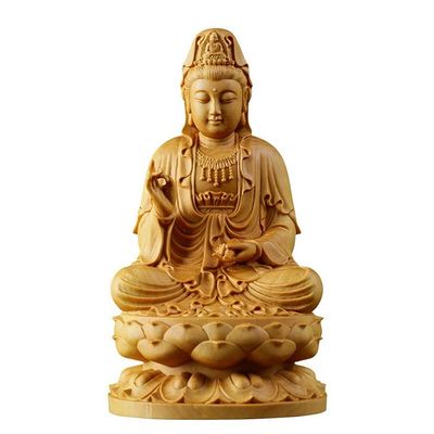 ANWUYANG Chinese Guanyin Bodhisattva Buddha Statue, Boxwood Kwan-yin Guanyin Sculpture, Feng Shui Buddha Statues Figurine Ornaments, Home/Office/Living Room Decor Gift (Color : 10 cm (Large Leaves))