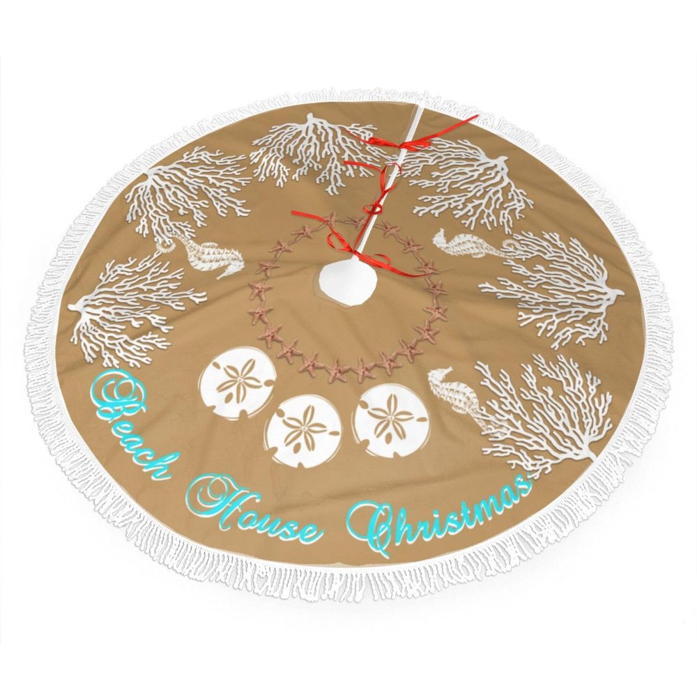 Beach Coral Christmas Christmas Tree Skirt Gorgeous Edge Tassel Lace for 48" Xmas Ornaments Decoration