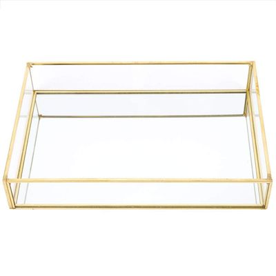 Haofy Gold Tray Jewelry Cosmetics Display Boxes Vintage Mirror Tray Metal Glass Storage Box Cosmetics Vanity Storage (Large Size)