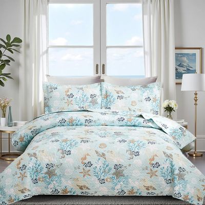 3-Piece Coastal Beach Bedspread Set Full/Queen Quilt Set Blue Ocean Theme Bedding Seashell Conch Seahorse Starfish Bed Covers Bedroom Decor,1 Quilt+ 2 Pillow Shams